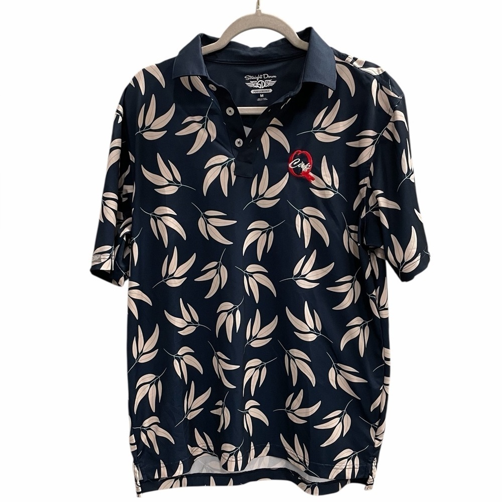Straight Down Navy Leaf Print Golf Polo Shirt Size Large